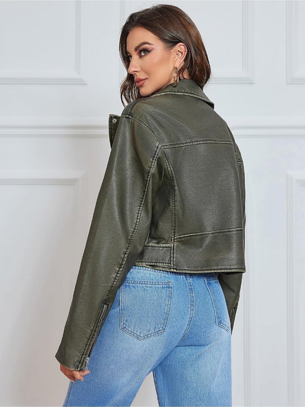 Women's Dark Green Leather Asymmetric Belted Zipper Biker Cropped Bomber Jacket - Picture 2 of 6